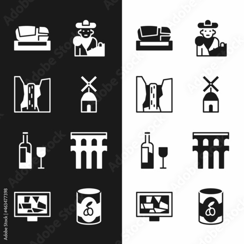 Set Windmill, Algar waterfall, Stadium Mestalla, Bullfight, matador, Wine bottle with glass, Aqueduct of Segovia, Olives can and Picture art icon. Vector