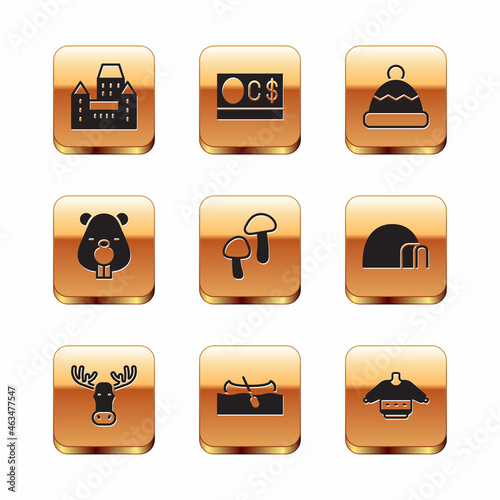 Set Chateau Frontenac hotel, Moose head with horns, Kayak canoe, Mushroom, Beaver animal, Beanie, Christmas sweater and Canadian dollar icon. Vector