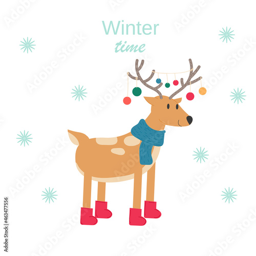 Christmas  cute winter deer in new year scarve and boots. Northern animal. cartoon cute character. Stock vector illustration on a white background.