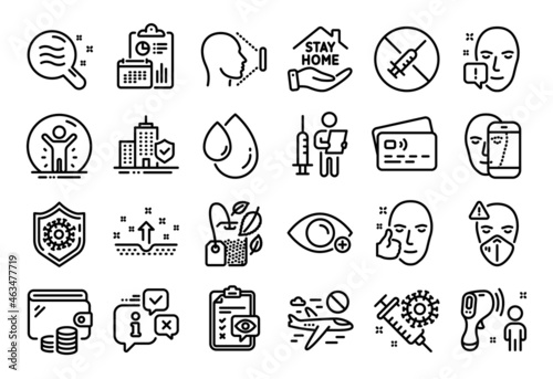Vector set of No vaccine, Mint bag and Electronic thermometer line icons set. Calendar report, Money wallet and Credit card tag. Coronavirus protection, Cancel flight and Medical mask icons. Vector