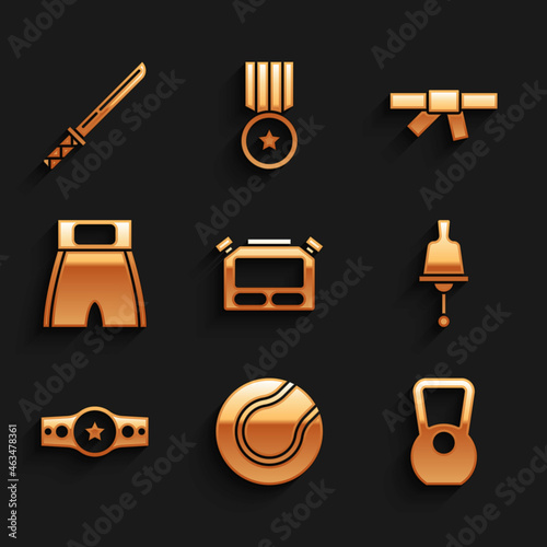 Set Stopwatch, Tennis ball, Kettlebell, Ringing, Boxing belt, short, Black karate and Japanese katana icon. Vector