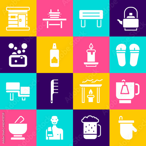 Set Sauna mittens, Cup of tea with tea bag, Flip flops, wood bench, Spray can for hairspray, Bar soap, wooden bathhouse and Aroma candle icon. Vector
