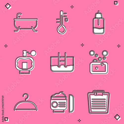 Set Bathtub, Sauna thermometer, Essential oil bottle, Aftershave, Swimming pool with ladder, Bar of soap, Hanger wardrobe and Cream or lotion cosmetic tube icon. Vector