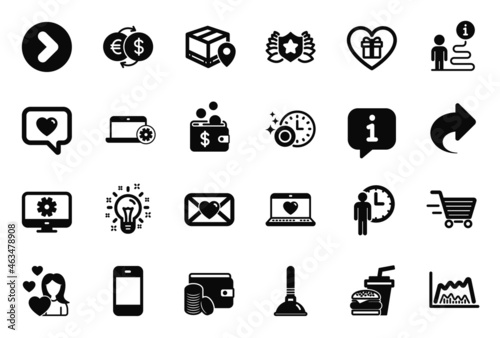 Vector Set of simple icons related to Forward, Plunger and Monitor settings icons. Love, Laureate and Trade chart signs. Dishwasher timer, Idea and Parcel tracking. Waiting, Smartphone. Vector