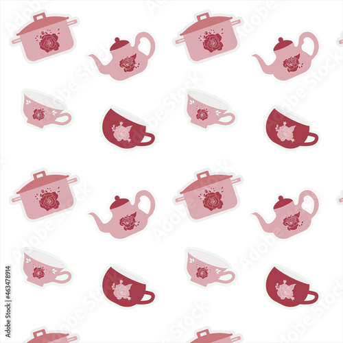Porcelain pattern on a white background. Pattern with ceramic dishes. Pattern with utensils for the kitchen. Crockery seamless pattern.