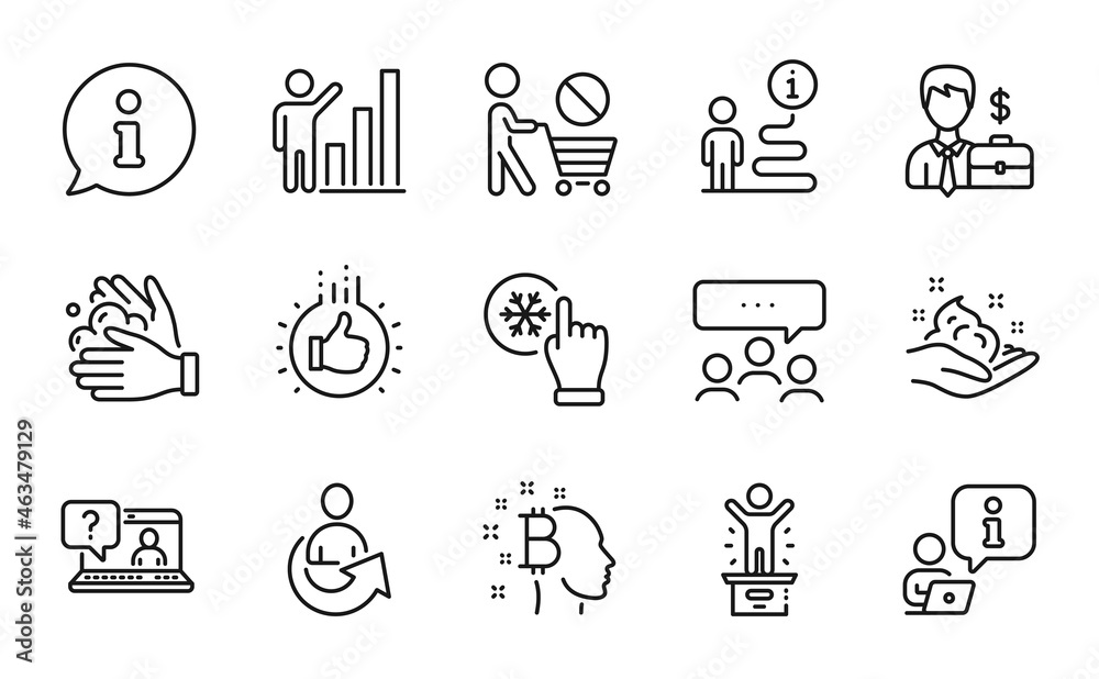 Fototapeta premium People icons set. Included icon as Wash hands, Bitcoin think, Like hand signs. Faq, Meeting, Businessman case symbols. Share, Skin care, Winner podium. Stop shopping, Graph chart. Vector