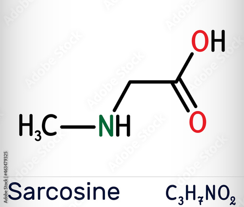 Sarcosine, N-methylglycine, N-alkylglycine molecule. It is amino acid derivative, conjugate acid of sarcosinate. Skeletal chemical formula