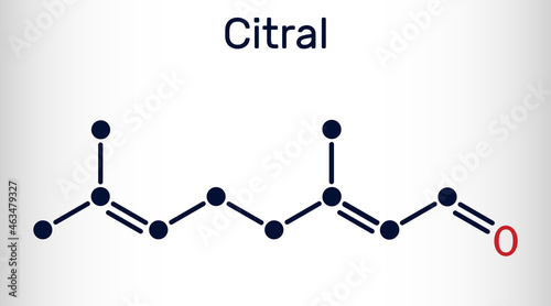 Citral, lemonal, geranial molecule. A volatile oil component, used to make other chemicals. Skeletal chemical formula
