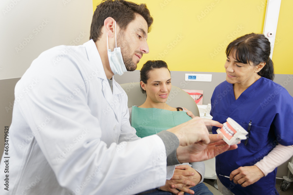 dentist using prosthetic model to explain to patient dentist using prosthetic model to explain to patient