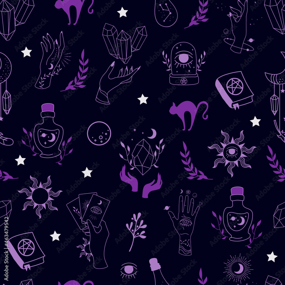 Mystical seamless background. Hand-drawn. Background with esoteric symbols. Silhouette of hands, planets, stars, crystals. vector illustration. Esoteric symbols and witchcraft. EPS 10