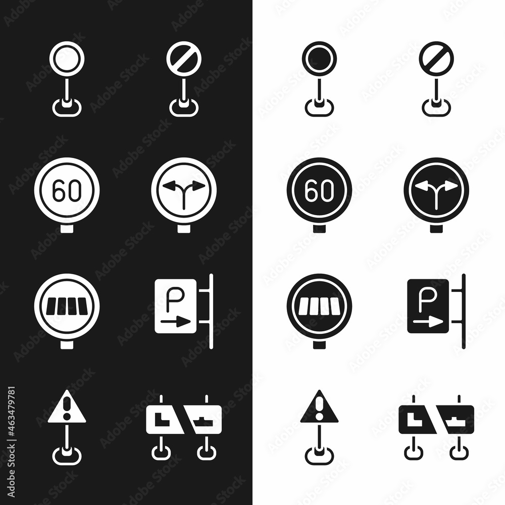 Set Fork in the road, Speed limit traffic, Road sign, Stop, Pedestrian crosswalk, Parking, and Exclamation mark triangle icon. Vector Set Fork in the road, Speed limit traffic, Road sign, Stop, Pedestrian crosswalk, Parking, and Exclamation mark triangle icon. Vector