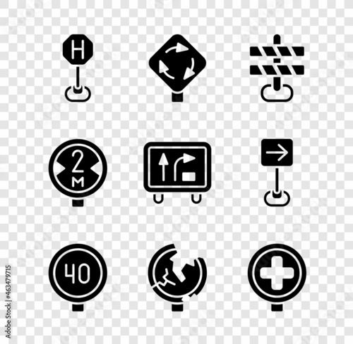 Set Hospital road traffic, Roundabout sign, Road barrier, Speed limit, and icon. Vector
