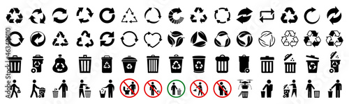 Recycle icons set, trash bin, trash can icons with man - stock vector