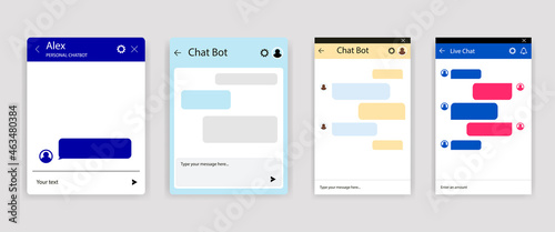 Set of chat bot dialoges windows for website and mobile app. Collection of group text messaging app on smartphone screen. Vector template
