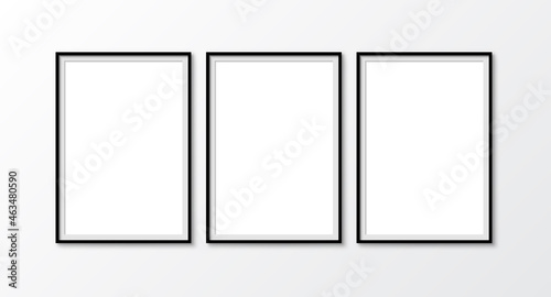 Three picture photo frames mockup, wall presentation, black thin rectangular vertical frame with shadow, vertical blank frame border mockup - stock vector