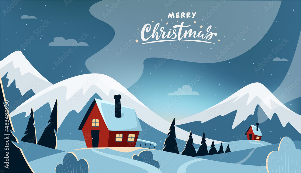 Night Winter Mountains landscape with hand lettering Merry Christmas. Winter houses, pines and hills. Flat winter horizontal landscape. Snowy backgrounds. Vector illustration