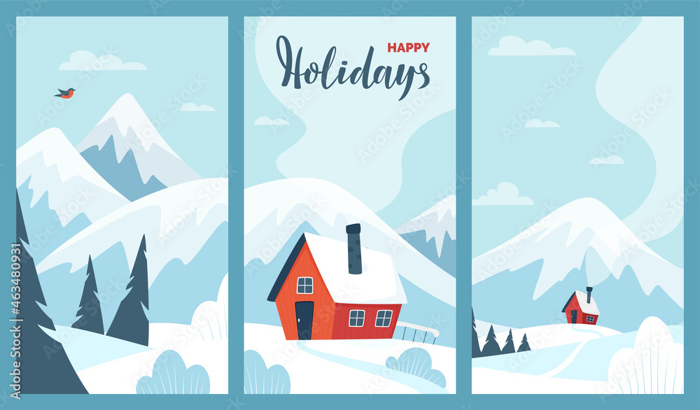 Vector set of Winter Mountains landscape. Winter houses, pines and hills. For banners, posters, cover design templates, social media stories wallpapers. Vector illustration