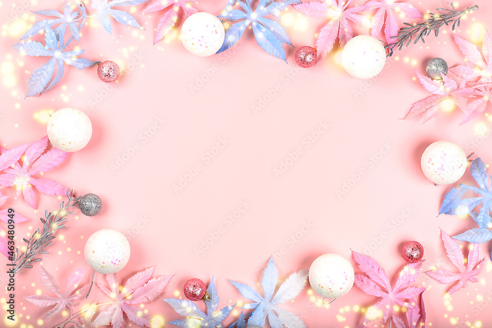 Christmas composition and concept of the new year 2022, beautiful holiday decorations on a light background with bright bokeh, postcard, winter banner for the screen with place for text