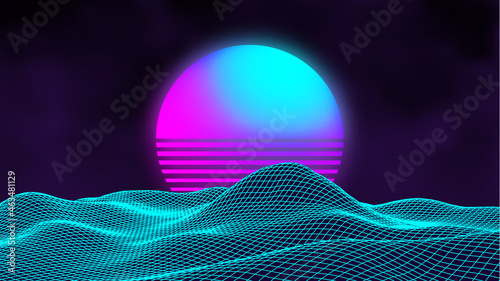 Retro landscape blue 3d vector background. Futuristic technology mountain landscape. Digital city neon 80s technology music background. EPS 10.