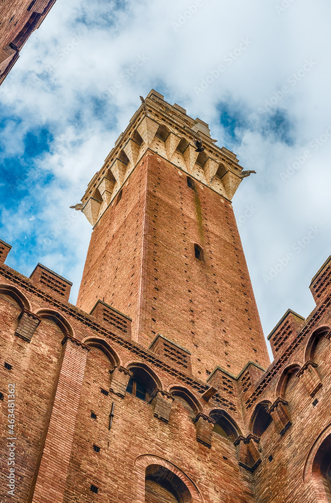 View of Torre del Mangia, iconic landmark of Siena, Italy
