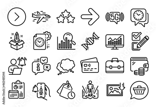 Vector set of Time management, Portfolio and Forward line icons set. Calendar report, Money wallet and Credit card tag. Chemistry dna, User notification and 5g wifi icons. Vector