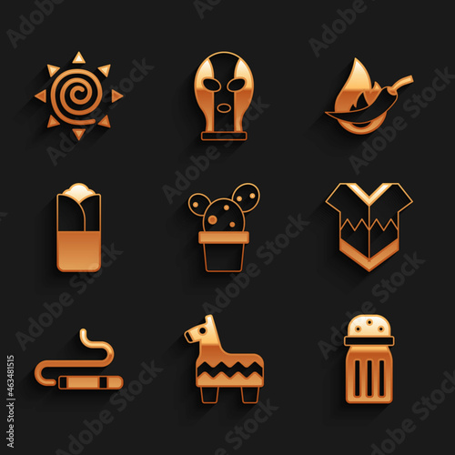 Set Cactus or succulent in pot, Pinata, Salt, Poncho, Cigar, Burrito, Hot chili pepper pod and Sun icon. Vector
