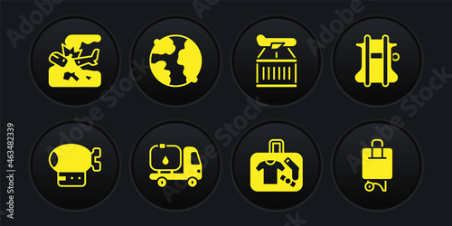 Set Airship, Parachute, Fuel tanker truck, Suitcase, Plane, Worldwide, and crash icon. Vector