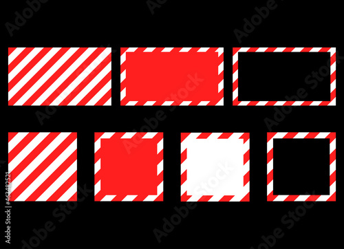 Red and white caution tape frame. Warning sign stripe background set. Vector illustration of danger ribbon.