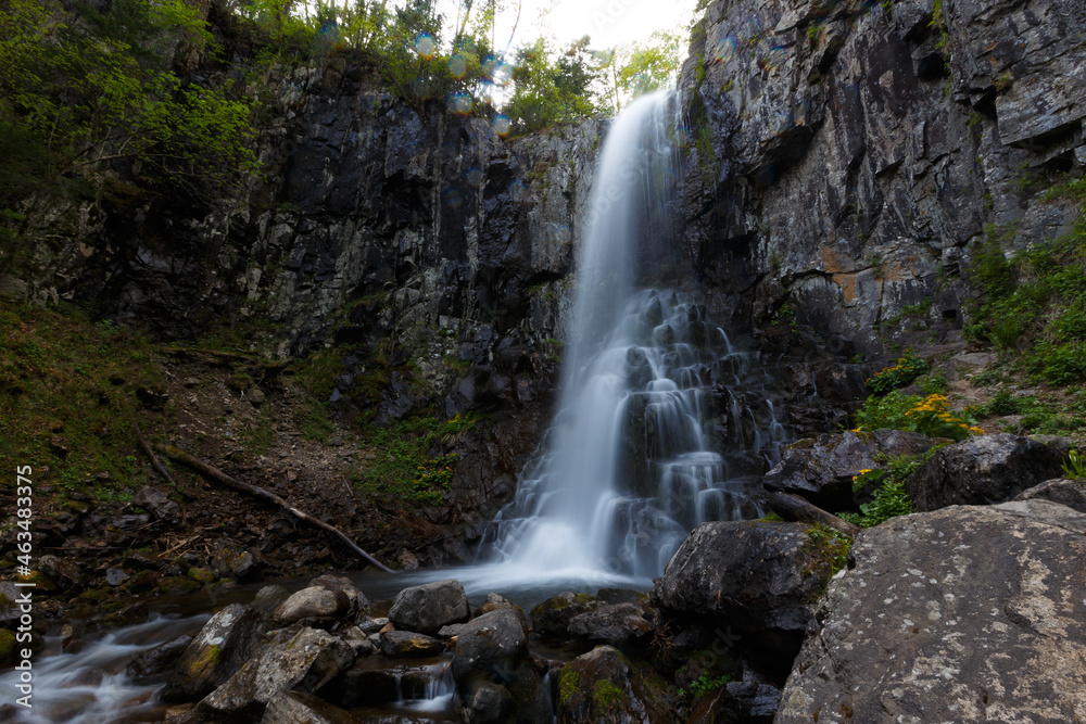 Fototapeta premium The nature of the Far East and the Primorsky region of Russia. Picturesque waterfall in the evening. Water flows down a natural waterfall in a dense summer forest.