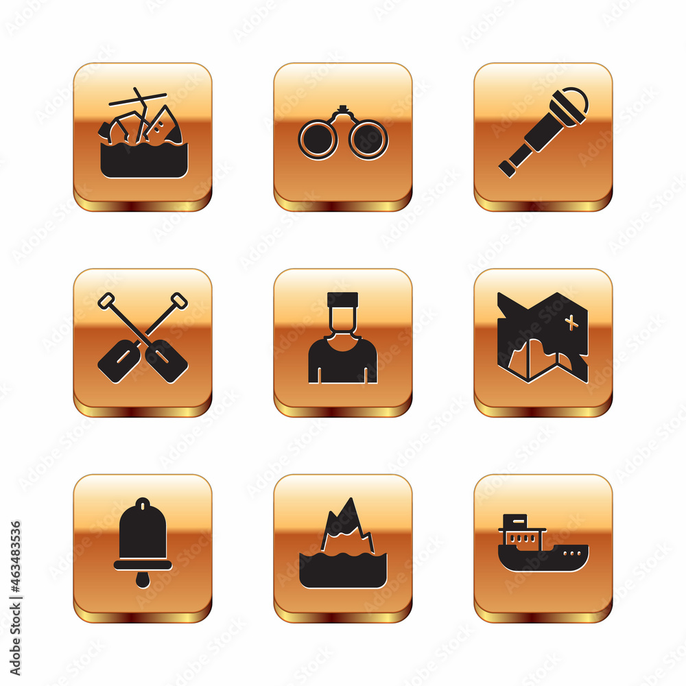 Set Sinking cruise ship, Ship bell, Iceberg, Sailor captain, Paddle, Spyglass telescope lens, Cargo and Binoculars icon. Vector Set Sinking cruise ship, Ship bell, Iceberg, Sailor captain, Paddle, Spyglass telescope lens, Cargo and Binoculars icon. Vector