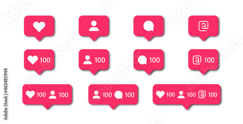 Icone per Instagram app. Set of social media icons for Instagram. Like icona, follow, segui, mi piace, commenta, comment, tag icon, 100 like, 100 segui, follow 100, follower. Vettore Instagram. photo