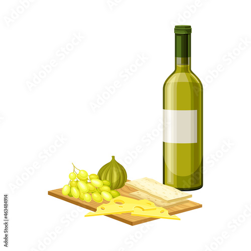 White Wine in Bottle Served with Cheese and Fig on Wooden Board Vector Illustration