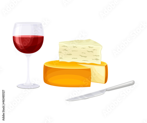Wine Glass with Alcoholic Drink with Cheese Vector Illustration