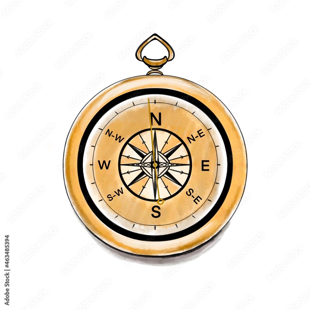Vector illustration of a vintage travel compass in shades of gold