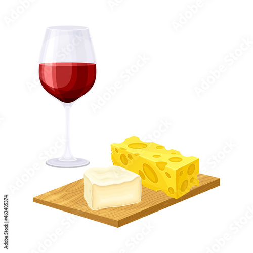 Wine Glass with Alcoholic Drink Served with Cheese on Wooden Board Vector Illustration