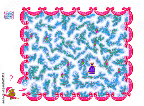 Logic puzzle game with labyrinth for children and adults. Where is the gift hidden? Christmas maze for kids. Find the path in winter forest. Brain teaser book. Play online. Vector illustration.