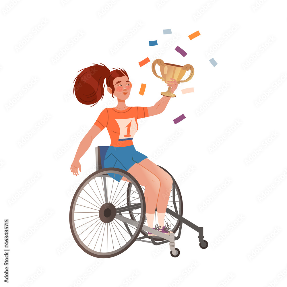 Excited Woman Winner on Wheelchair Holding Cup Award Vector Illustration Excited Woman Winner on Wheelchair Holding Cup Award Vector Illustration