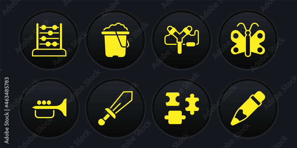Set Trumpet, Butterfly, Sword toy, Puzzle pieces, Slingshot, Sand bucket, Pencil with eraser and Abacus icon. Vector