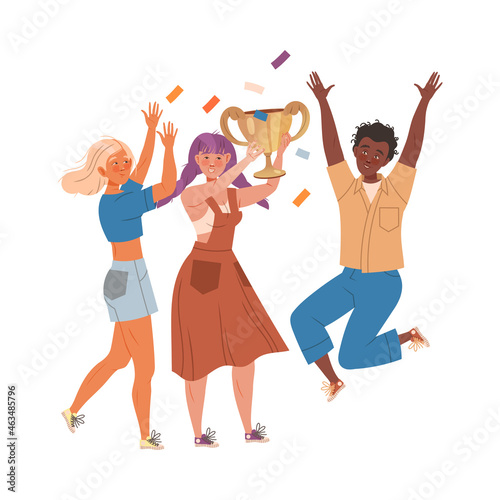 Group of Excited Man and Woman Winner Holding Cup Award and Jumping with Joy Vector Illustration
