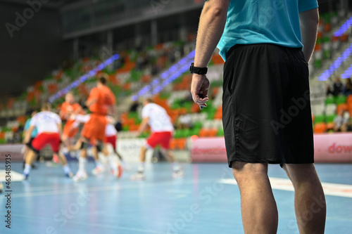 Handball referee hand with whistle