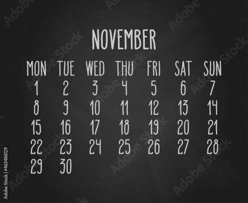 November year 2021 hand drawn chalkboard calendar