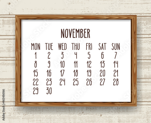 November year 2021 monthly calendar in a wooden frame