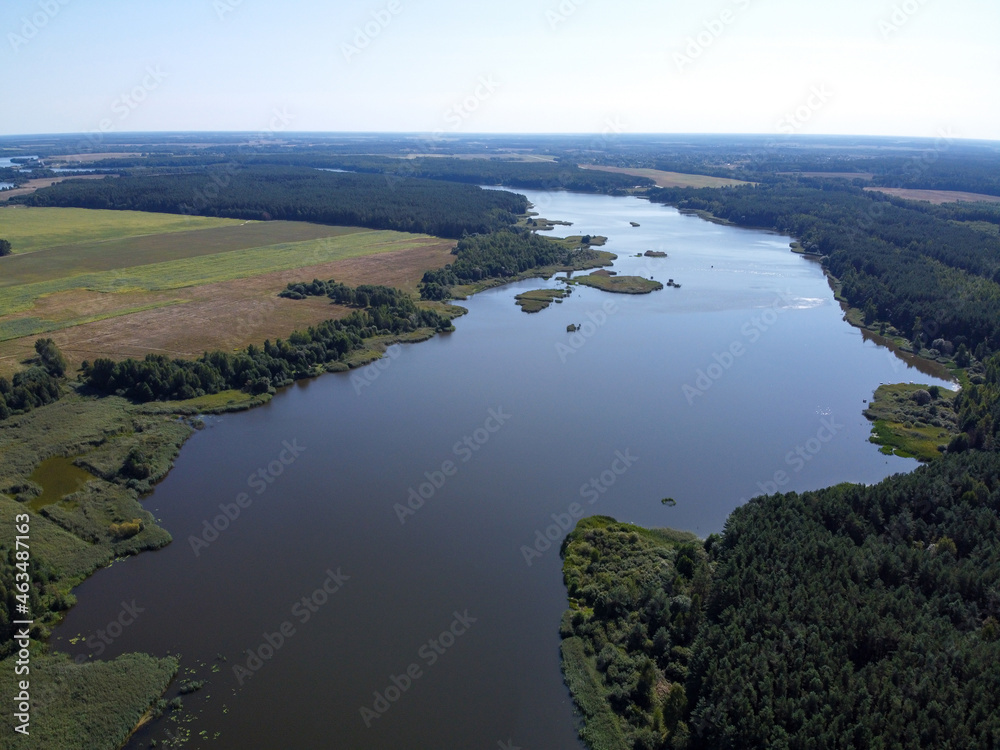 Aerial view of summer landscape with forest river and fields