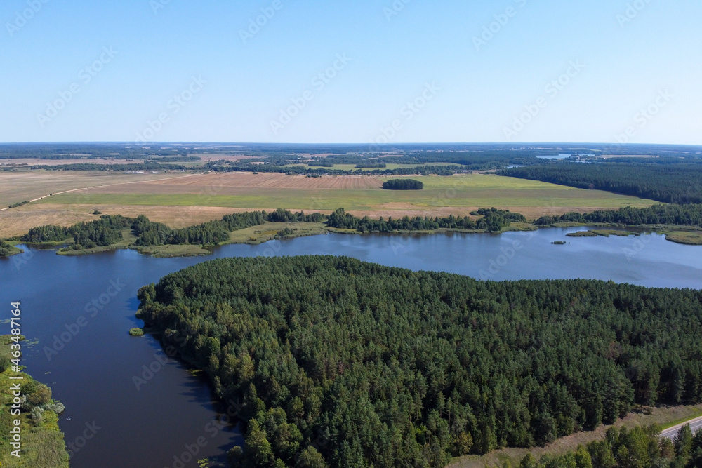 Aerial view of summer landscape with forest river and fields