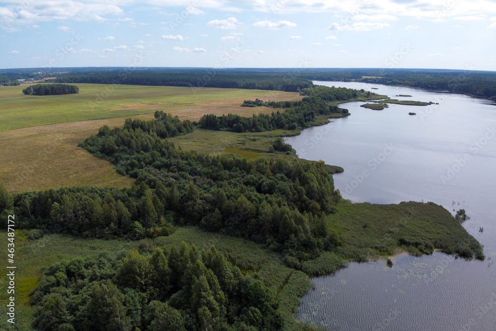 Aerial view of summer landscape with forest river and fields Aerial view of summer landscape with forest river and fields