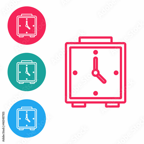 Red line Alarm clock icon isolated on white background. Wake up, get up concept. Time sign. Set icons in circle buttons. Vector