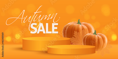 Realistic orange pumpkin, gold leaves and orange podium. Happy Thanksgiving day. Vector illustration for greeting card, invitation, wallpaper, banner or flyer. Vector illustration