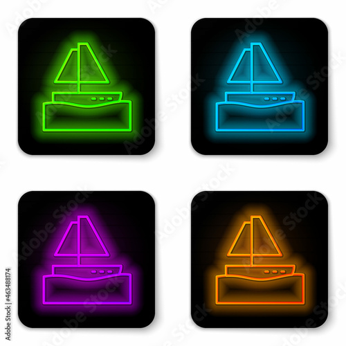 Glowing neon line Yacht sailboat or sailing ship icon isolated on white background. Sail boat marine cruise travel. Black square button. Vector