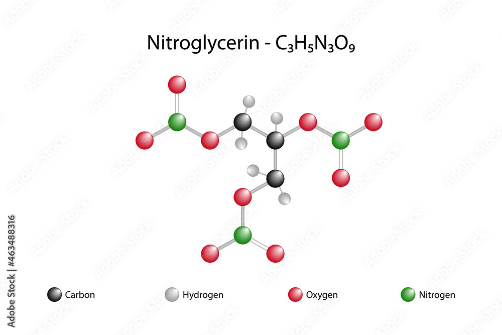 Molecular formula of nitroglycerin. Nitroglycerin is used as an active ingredient in the manufacture of explosives, mostly dynamite, used in the construction, demolition and mining industries.