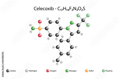 Molecular formula of celecoxib. Celecoxib, is a COX-2 inhibitor and nonsteroidal anti-inflammatory drug. photo